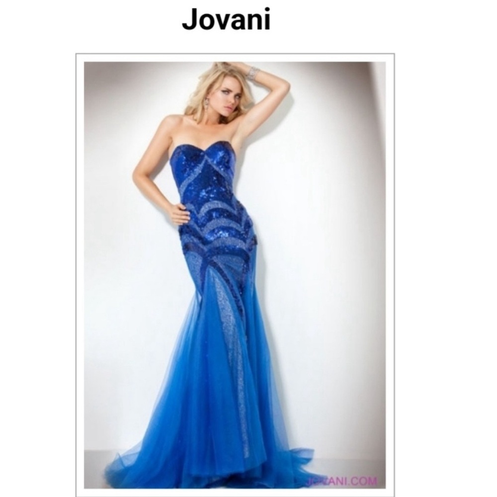 Jovani Blue Maxi Strapless Gown with Sweetheart Neckline for Prom